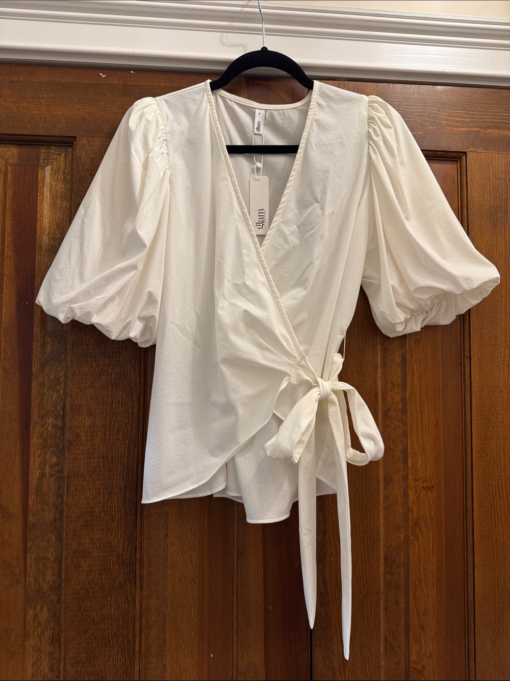 NWT- GLAM - size small - Puff-Sleeve Wrap Blouse
